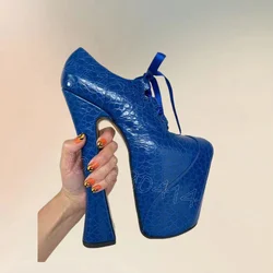 Blue Fish Scale Print Round Toe Platform Pumps Cross Tied Women Shoes Chunky High Heels Party Banquet 2024 Zapatos Para Mujere