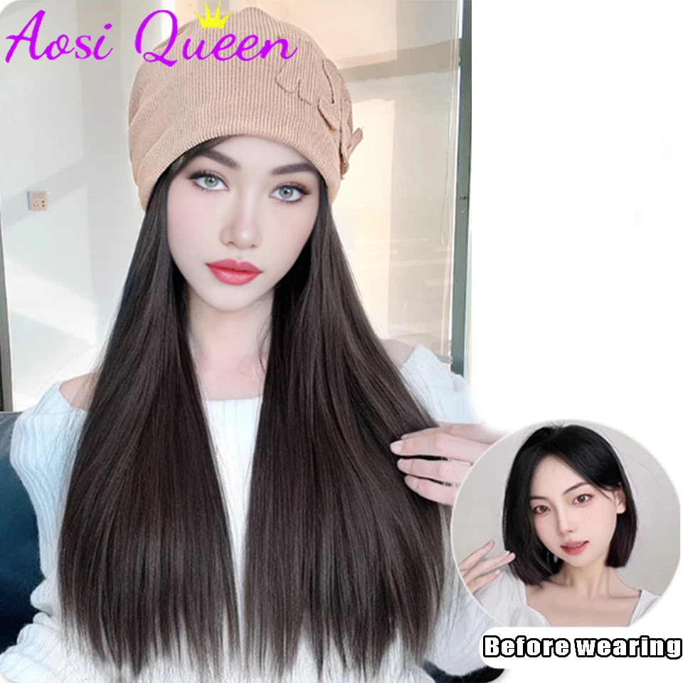 AOSI Hat And Wig All-in-one Women's Autumn And Winter New Style Long Straight Hair Versatile Knitted Warm Wig Cap