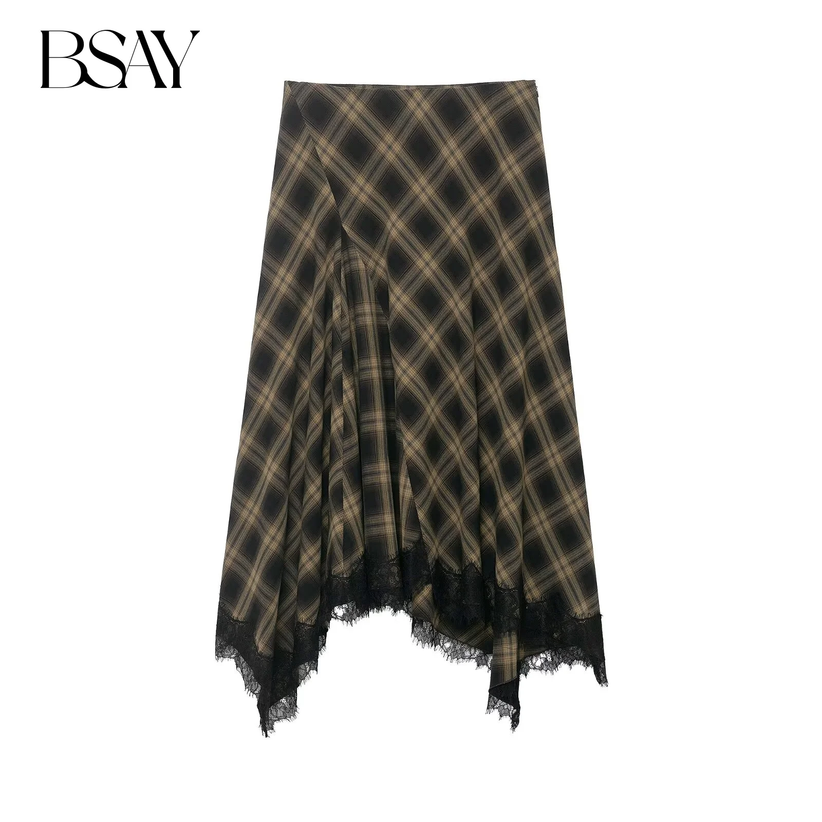 

BSAY Plaid Lace Skirt for Women Fashion Autumn Winter New Side Zip Asymmetry Chic Female High Waist Elegant Long Skirts Mujer