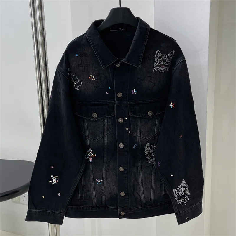 Women's denim jacket 2024 autumn New in outerwears Colorful rhinestone  Women's coats Vintage Distressed cotton Long sleeved Top