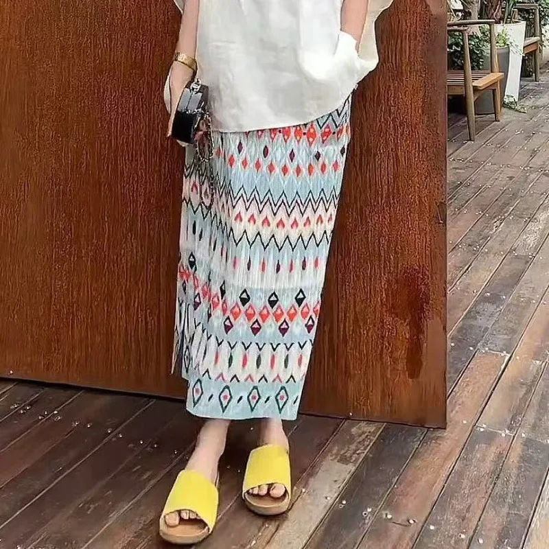  Pleated Printed Skirt Summer New Simple Casual Fashion Gentle Vacation High Waist Elastic Draped Slit Skirt for Women