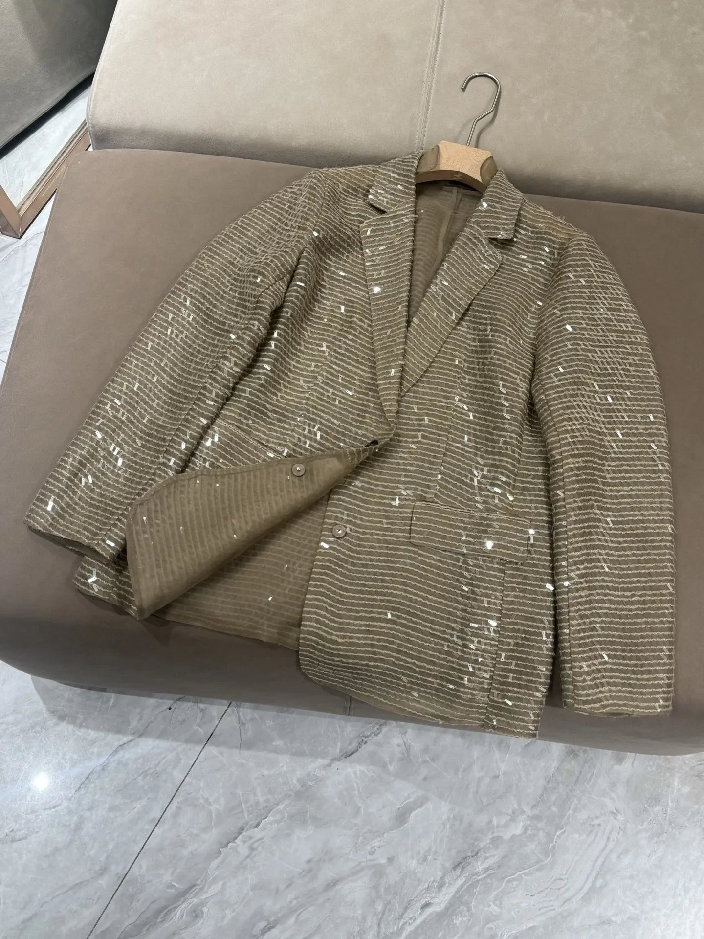

2026 Early Spring Women Sequined Blazer Single Breasted Notched Collar Long Sleeve Elegant Striped Suit Jacket