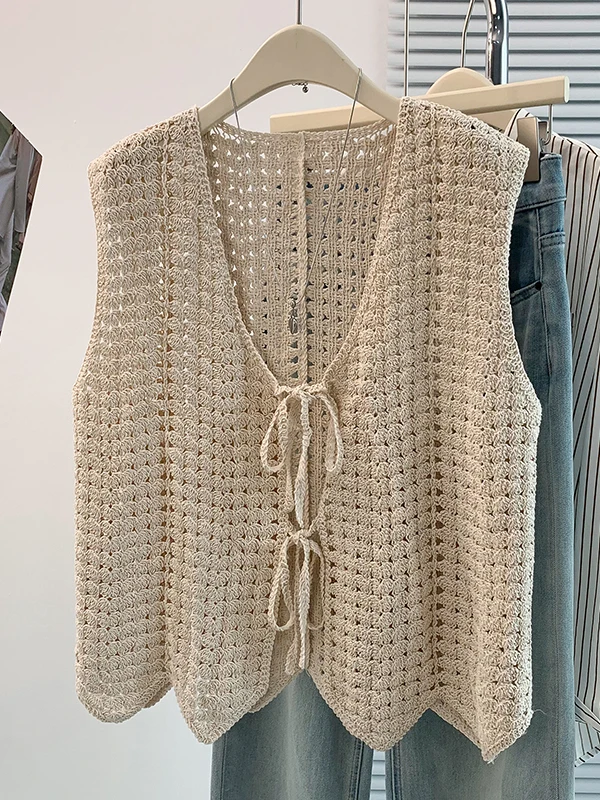 Bohemian Knitted Coarse Yarn Hollow out Belted Vest Women Summer New Lazy Versatile V-Neck Vest Shoulder Pad Breathable Cotton