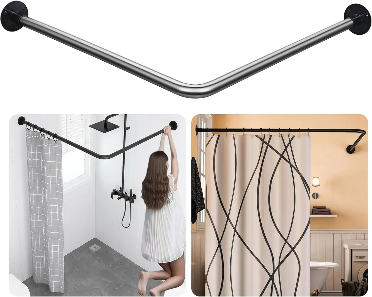 

L-Shaped Corner Shower Curtain Rod, 「Black 24"-53" x 24"-53"」 Adjustable, Unsagging, Drill-free Install,304 Stainless steel
