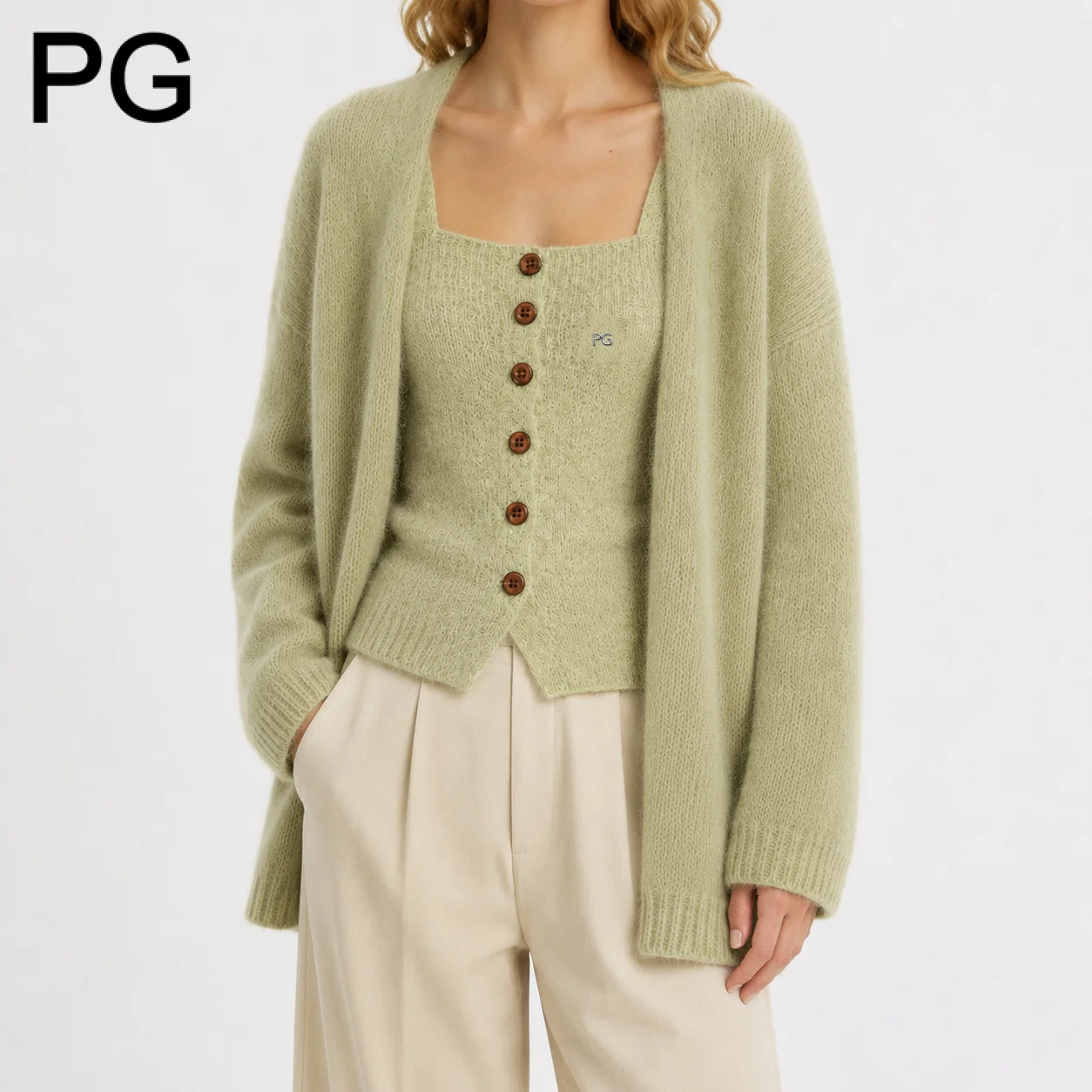 PGWomen Knit Two Piece Set V Neck Loose Cardigan Sleeveless Button Front Cami Tank Top Small Embroidered Logo Casual Knit Outfit