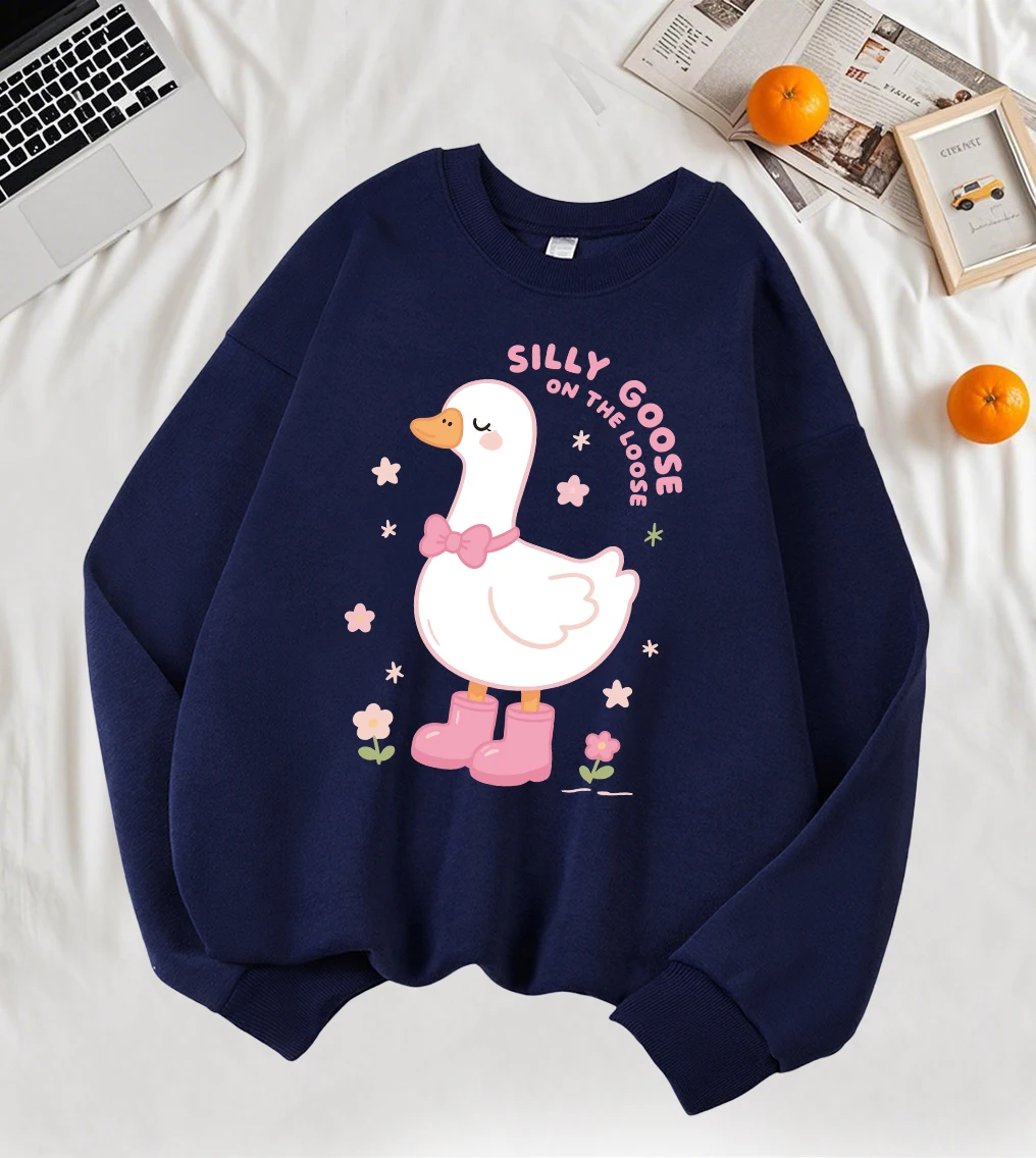 Bluza damska z nadrukiem \"Silly Goose On The Loose With Pink Shoes\", casualowa, w stylu Harajuku, jesienne polarowe ubrania damskie.