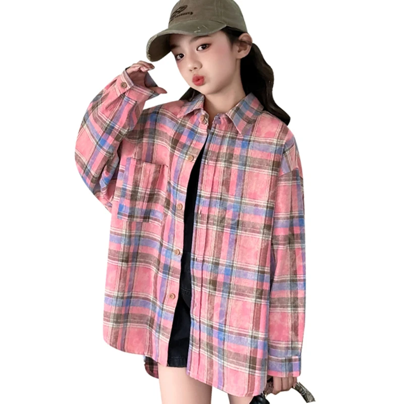 

School Children Long Sleeve Pink Plaid Blouses for Girls Loose Casual Spring Autumn Clothing High Fashion Female Kids Shirt 4-14