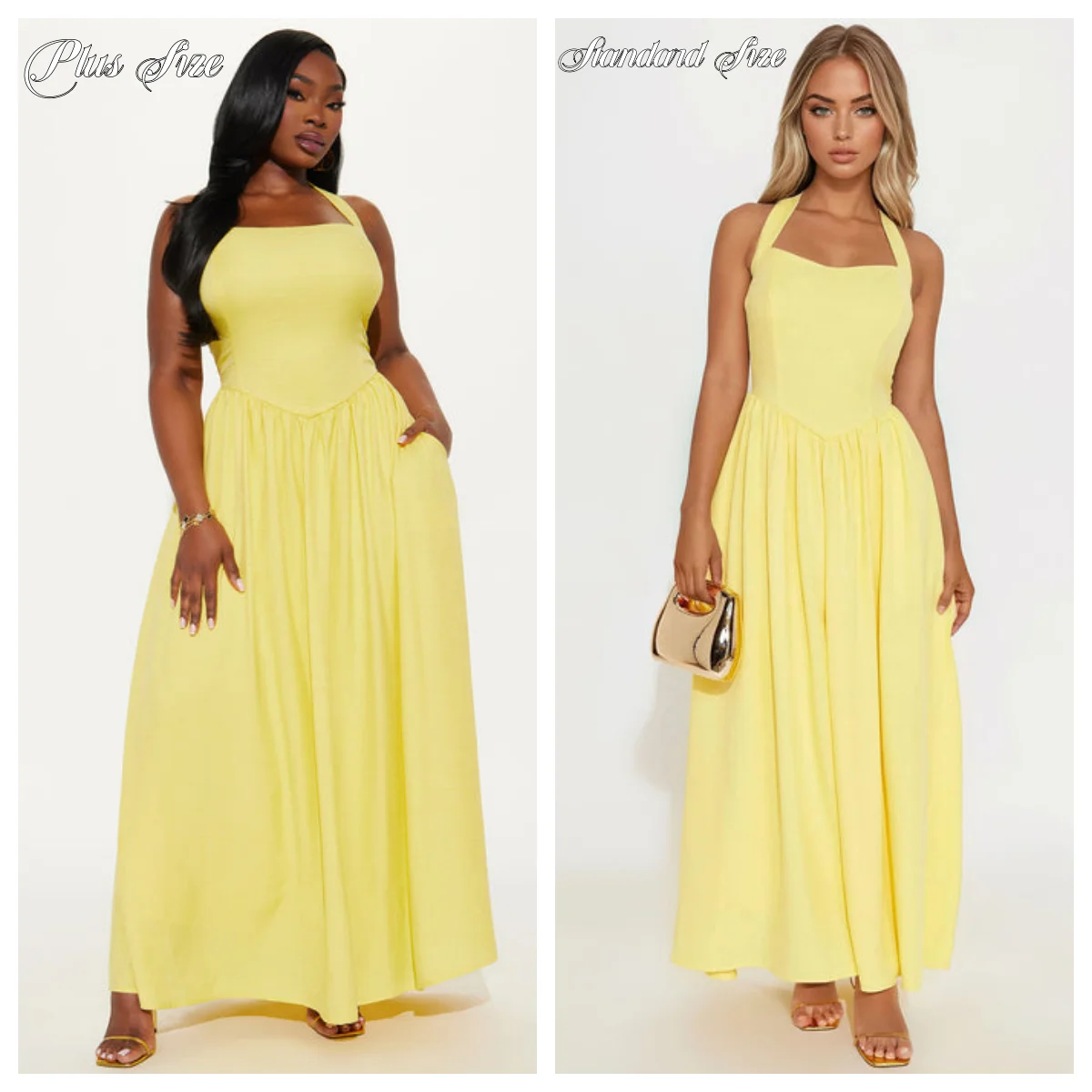 

Plus-Size Women's Candy Colors Lace-up Halter Strapless Square Neck Sleeveless Backless Pleated Waistband A-Line Long Dress
