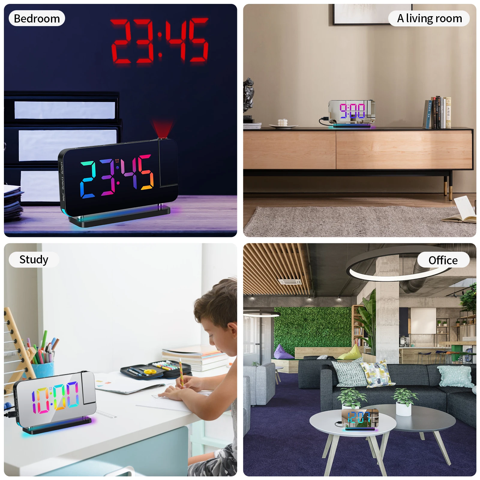 Projection Alarm Clock for Bedroom 7-inch RGB Colorful LED Digital Clock with Mirror Surface 6-level Brightness Dimmer Projector