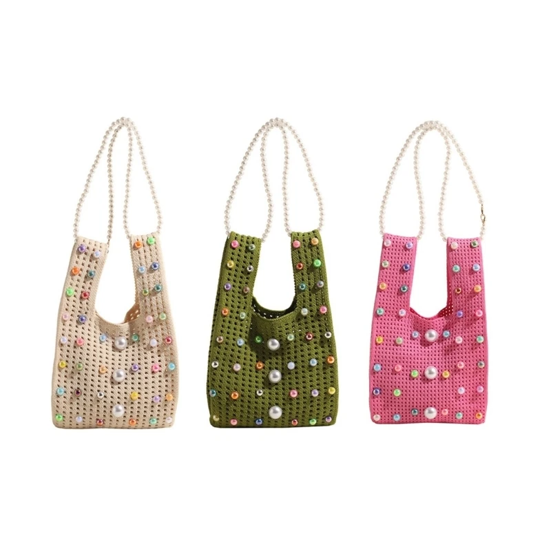 

Contemporary Hollow Out Knitted Bucket Bag with Chain Beaded Handbag for Women