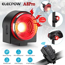 Elecpow a8pro alarme de bicicleta lanterna traseira carregamento usb ipx65 à prova dipágua luz traseira sensor de freio lâmpada anti roubo alarme