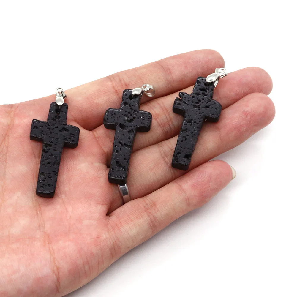 Black Volcanic Rock Cross Pendant 20x45mm Production Fashion Boutique Charm Women's Jewelry DIY Necklace Earring Accessories