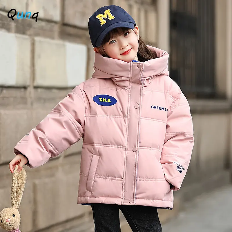 Qunq Winter New Boys And Girls Solid Hooded Long Sleeve Zipper Thicken Down Jacket Parkas Casual Kids Clouthes Age 8 And Older