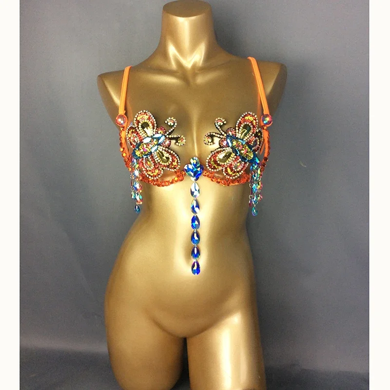 

New Sexy Samba Carnival Bra Orange Stone Belly Dancing WIRE BRA FREE SHIPPING BB015