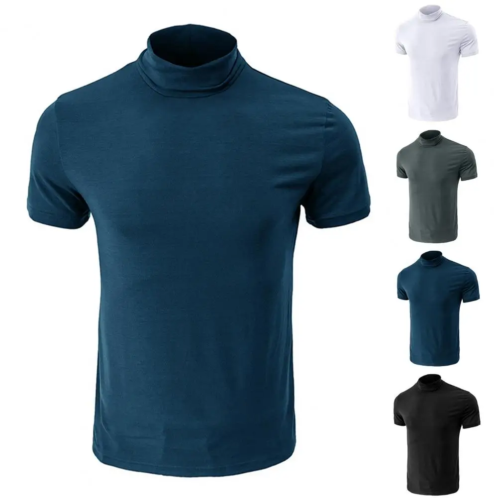 Men T-shirt Mock Neck Short Sleeve Men Top Solid Color Breathable Elastic Fitness T-shirt Summer Running Compression T-shirt