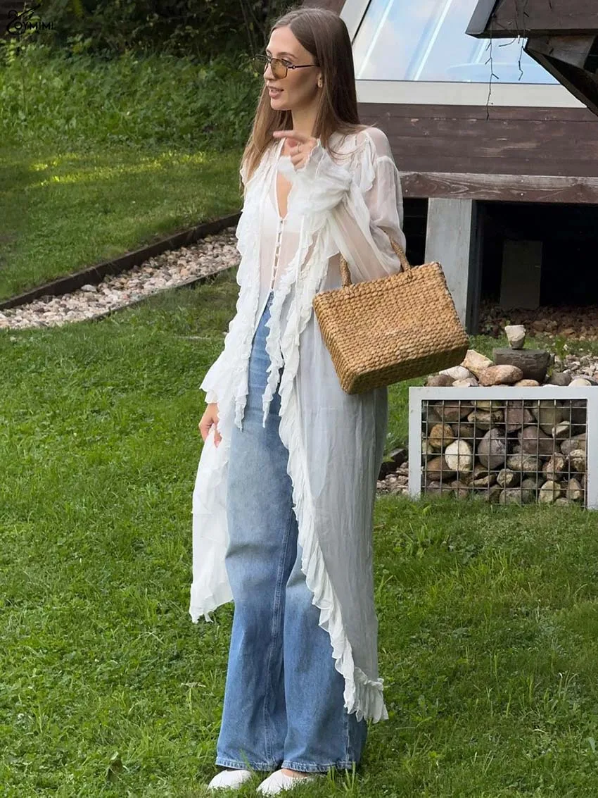 Oymimi Summer White O-Neck Women's Dress Casual Translucent Long Sleeve Lace-Up Dresses Fashion Ruffle Button Ankle-Length Dress