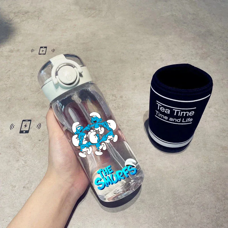 The Smurf 400/600ML Portable Sports Bottle PC Straw Cup Outdoor Camping Fitness Large Capacity Children Water Bottle Smurf Gift