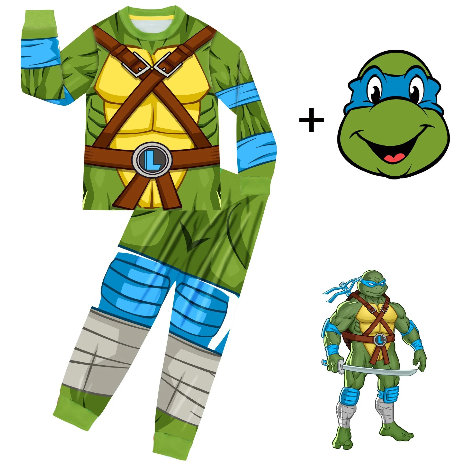 Teenage Mutant Ninja Turtles Boys Pajama Set Kids Green Loungewear Long Sleeve T-Shirt & Long Leg Pants Complete With Mask