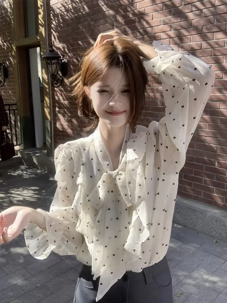 

Elegant Long Sleeve Polka Dot Shirt Women's Spring Gentle Style Bow Tie Chic Blouse Korean Style Slim Fit V Neck Button Closure