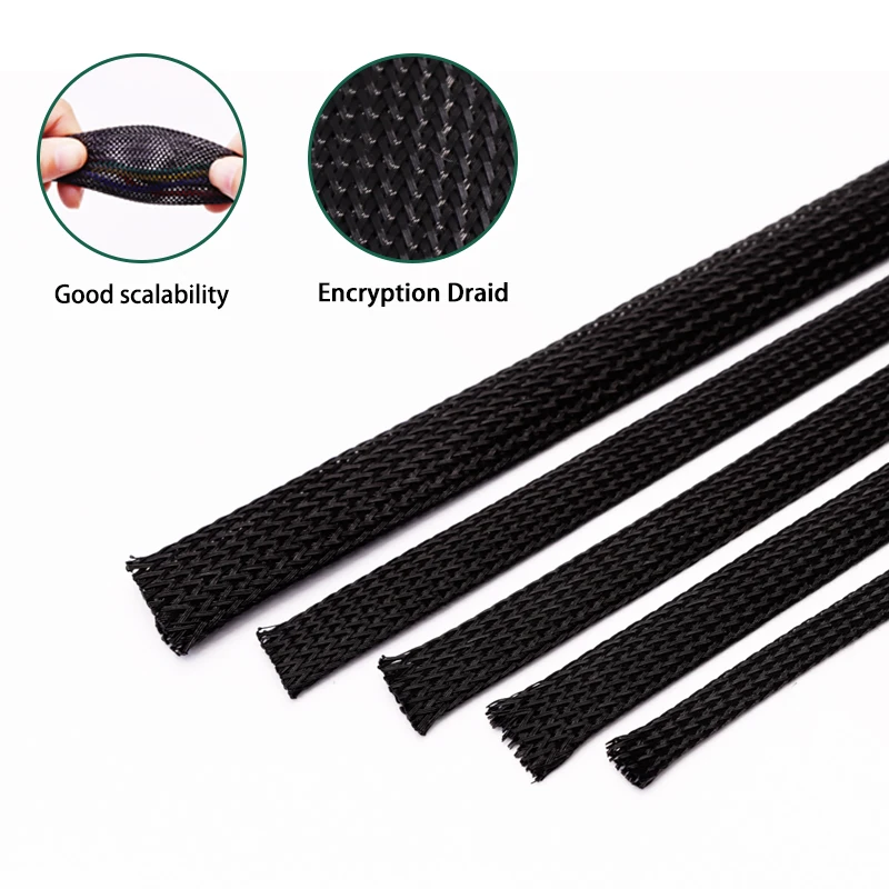5M/10M PET Expandable Braided Cable Sleeving 4-60mm Cable Protection Black Nylon High Density Tight Insulation Wire Sheathing