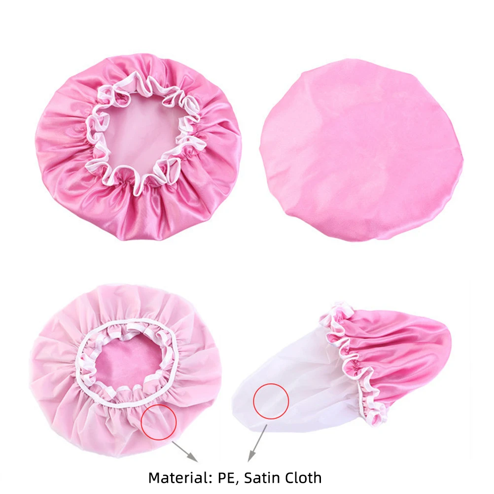 

4Pcs Waterproof Bathing Caps Satin Cloth Double Layer Elastic Band Reusable Soft Foldable Travel Friendly Shower Hat Accessories