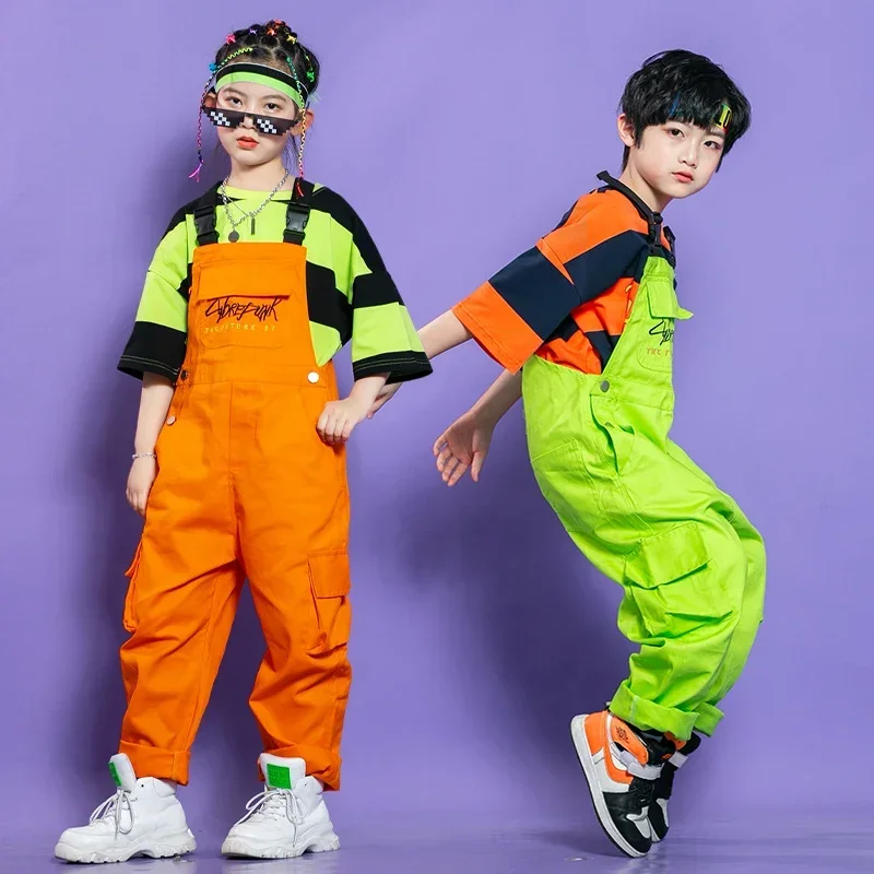 

Kids Fluorescent Green Short Sleeved Top Overalls Children'S Clothes Boys Jazz Dance Costumes Girls Cool Hip Hop Clothing XS3610