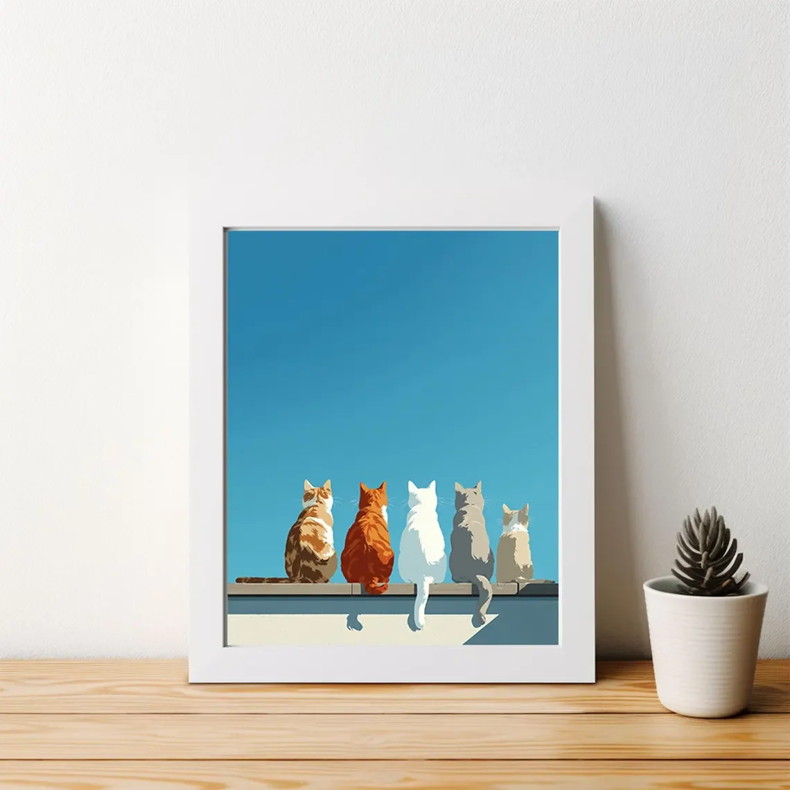 Minimalist Cats on Wall Art Print - Modern Cat Lovers Poster, Five Cats Watching the Sky Illustration, Serene Pet Wall Decor f