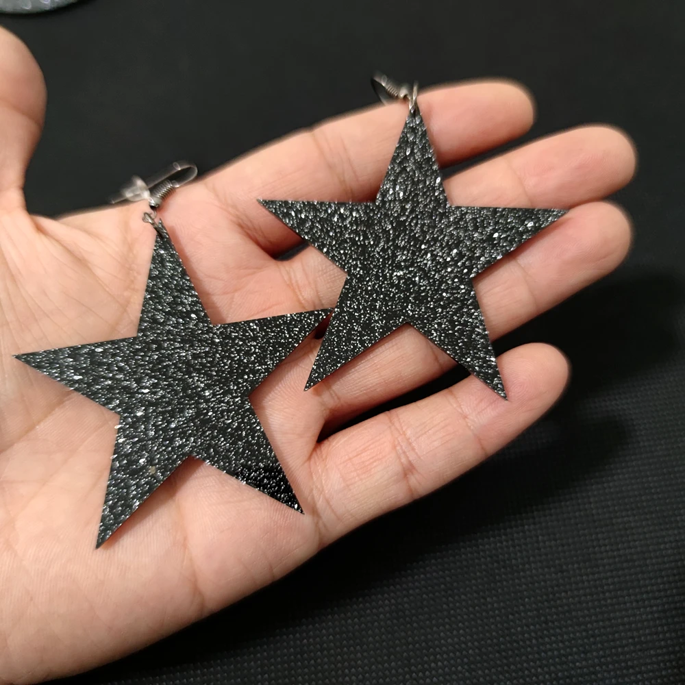 KUGUYS Asymmetrical Star Moon Drop Earrings for Women Black Glitter Acrylic Large Big Fashion Jewelry Trendy Accessories