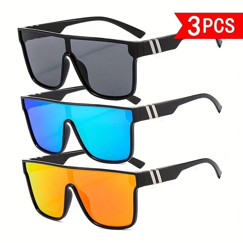 3-Pair Combination Set of Men's Classic Square Fashion Glasses with Integrated High-Definition Colorful Coating Lenses, Durable Pc Material, Unisex Style, Suitable for Various Casual Settings