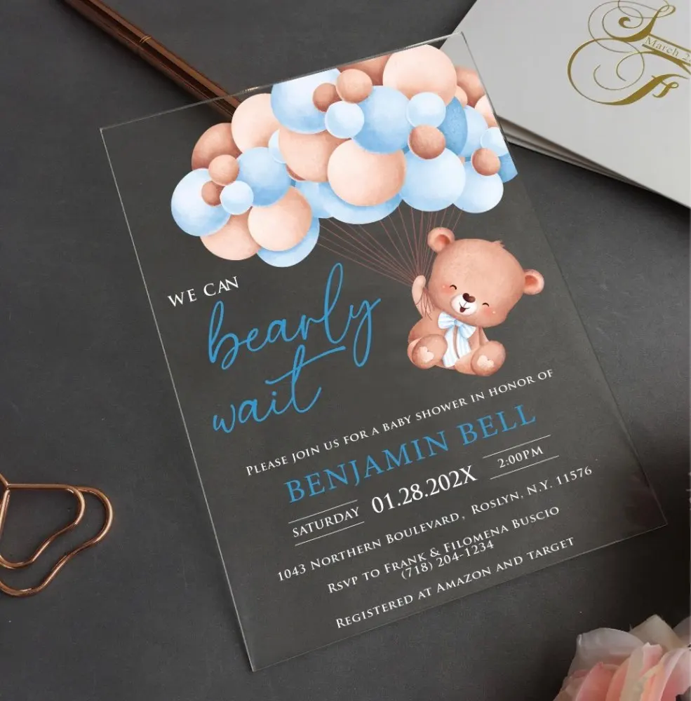 10pcs Lovely Bear Baby Baptism Invitation Card Printing Balloon Acrylic Happy Birthday Invitations with Box