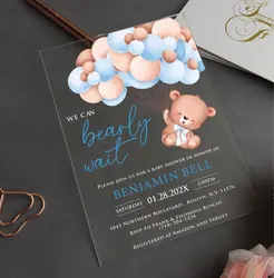 10pcs Baby Shower Bear Baptism Christianing Invitation Card Custom Printing Balloon Acrylic Birthday Invitations with Box