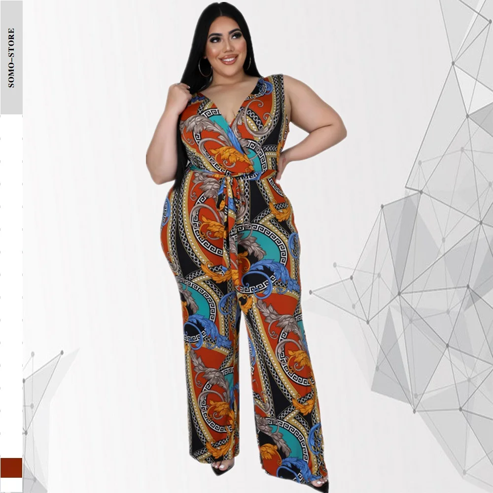 

5xl Large Size Sleeveless Jumpsuit Women With Sashes Summer 2022 Fashion Print Long Rompers Sexy V Neck Wholesale Dropshipping