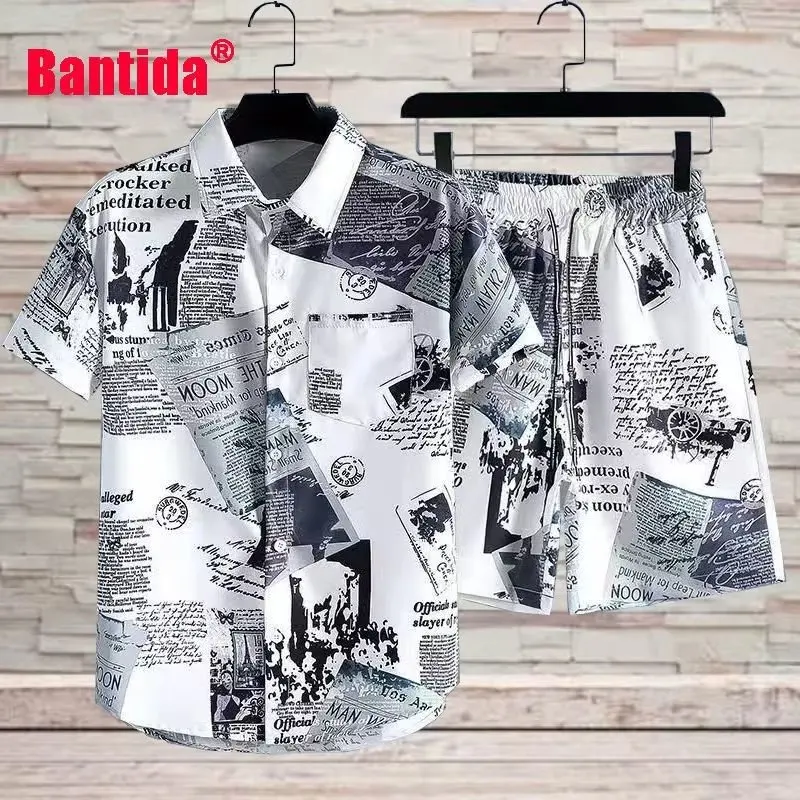 Traje para hombre, camisa con gráfico completo, pantalones cortos, calle coreana, Harajuku, ropa de moda para hombre, tendencias, ropa de moda para