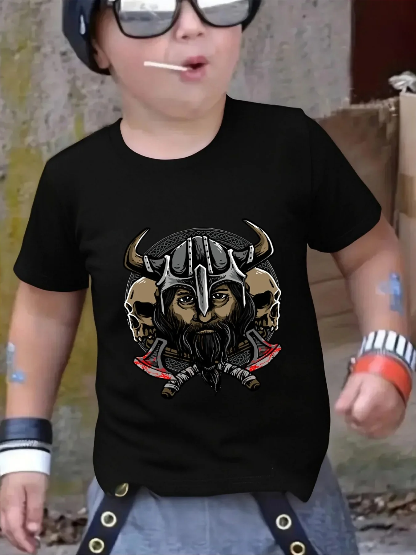 Viking Warrior Skull Axe Graphic Family Matching T Shirt Boys Girls Short Sleeve Summer Crew Neck Parent Child Cool Casual Tops