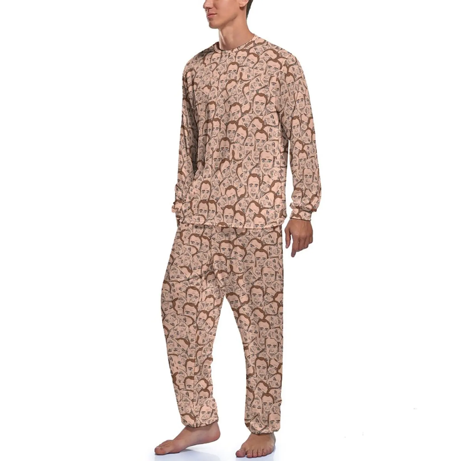 Funny Nicolas Cage Pajamas Men Nicholas Faces Elegant Sleepwear Autumn Long Sleeve 2 Piece Casual Graphic Pajamas Set