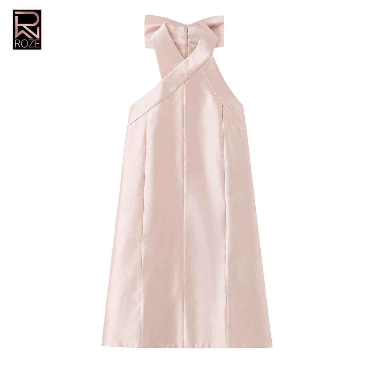 シルクサテン ホルターボウドレス - ブラッシュピンク Aライン ミディガウン デートナイト＆宴会用 レディースフォーマルウェア