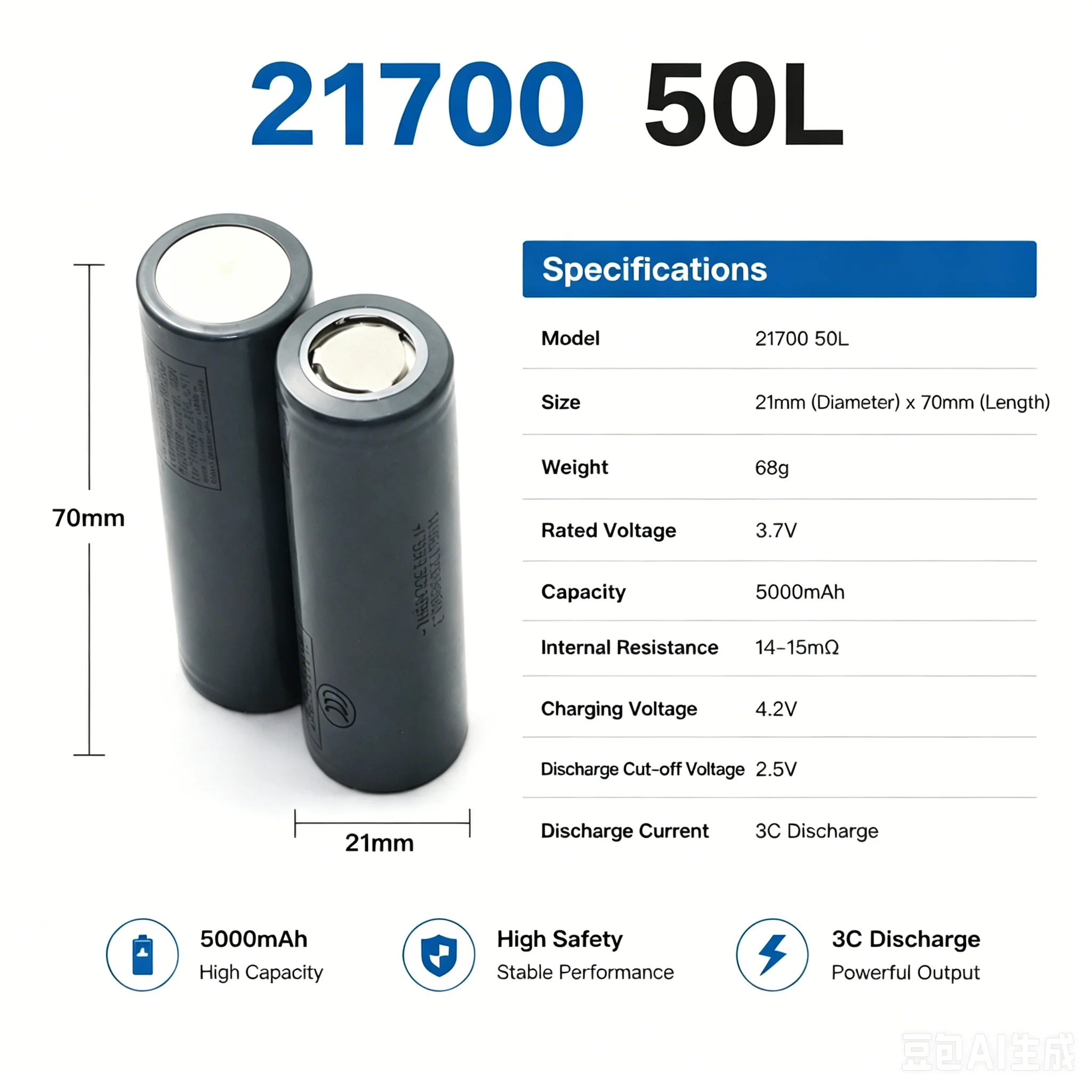 1-260pcs 3.7V 21700 type lithium-ion rechargeable battery 5000mAh suitable for flashlight headlights and portable power banks