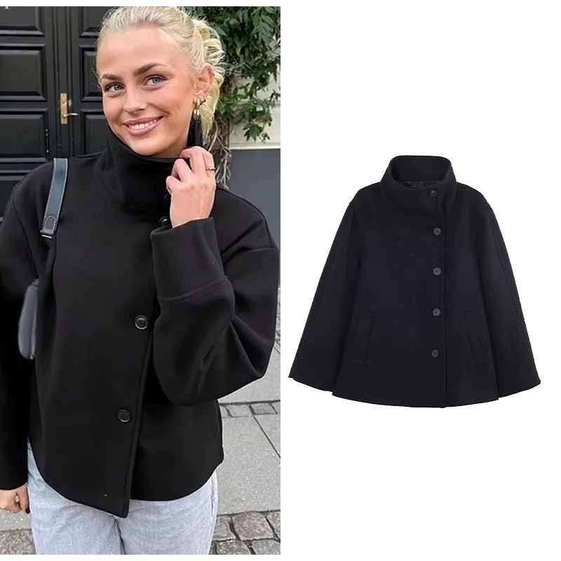 

Весеннее женское укороченное шерстяное пальто с высоким воротом и длинным рукавом, карманом на пуговицах, женское пальто, женская элегантная верхняя одежда, шикарные пальто