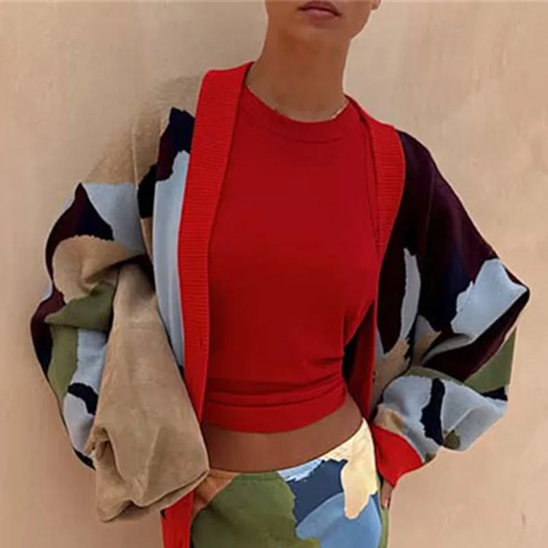 

Retro Contrast Color Sweater Cardigan Woman Sexy Deep V Neck Button Hollow Knitwear Top Autumn Long Sleeve Loose Jumper Harajuku