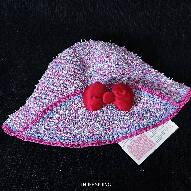 

Korean Mixed Color Trend Papyrus Woven Bow Straw Hat Sweet Big Eaves Seaside Beach Vacation Sunshade Foldable Sun Cap for Women