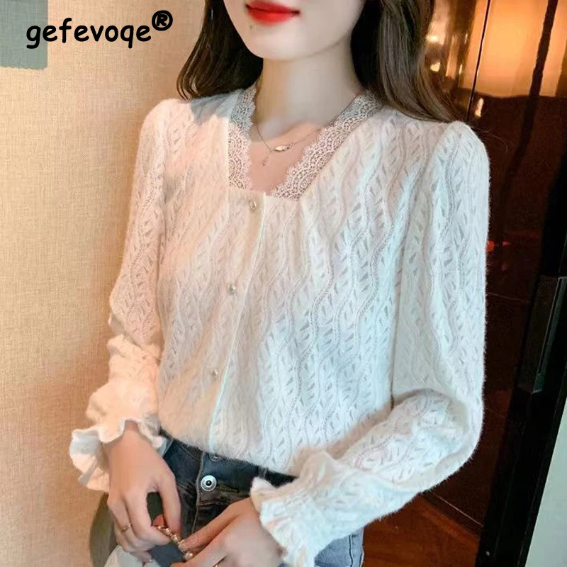 Women French Style Sexy Lace Hollow Beaded Button Chic Tops Autumn Female Trendy Casual White V Neck Long Sleeve Elegant T Shirt