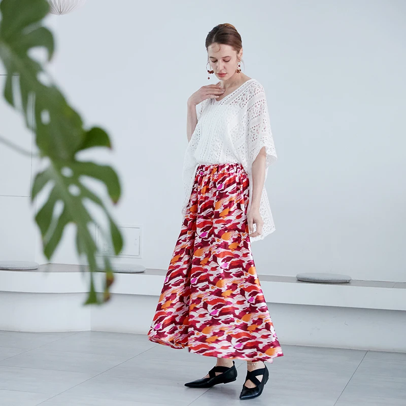 

Artistic Large Flounce Midi Skirt Floral Print Simple Design Slimming Long A-Line Skirt Commute Sle mid Waist Vintage Flare...