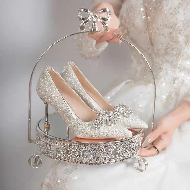 2025 Spring Autumn Silver Engagement Wedding Dress Crystal Shiny Wedding Shoes High Heels Thin Heel Bride Shoes Elegant Style