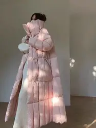 Luxury Coat Belt Sakura Pink 90 White Duck Style With Long Full Sleeve White 100% Feathers Warmest Best Quality Trench Long Coat