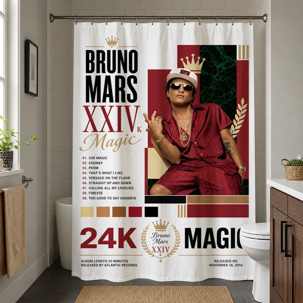 Waterproof Shower Curtain Bruno Mars 24K Album Decor Modern Pop Music Bathroom Accent Curtain Housewares Gift Idea Large Size Pr