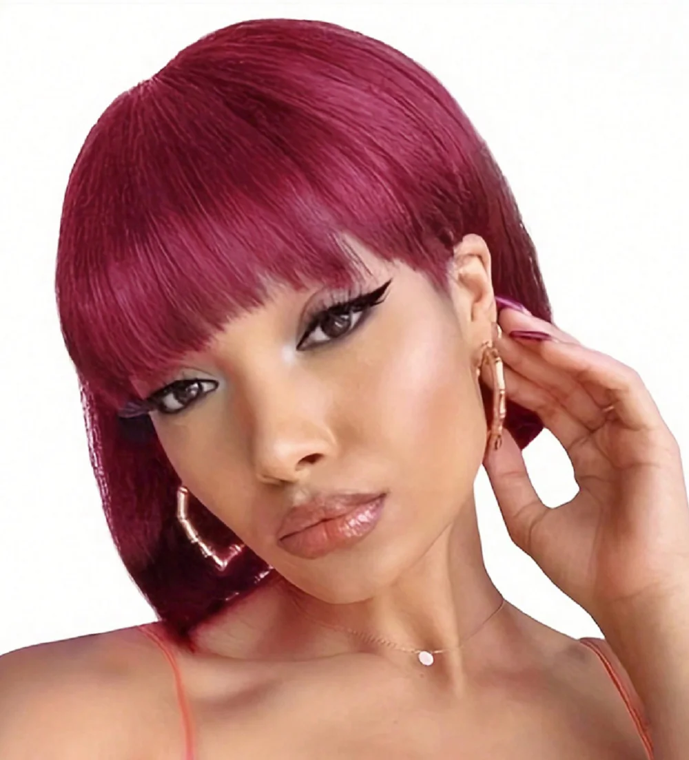 

530 Colored Short Bob Wig Human Hair With Bangs Straight Bob Wig Full Machine Made Brazilian Remy Human Hair Wig Ready To Go