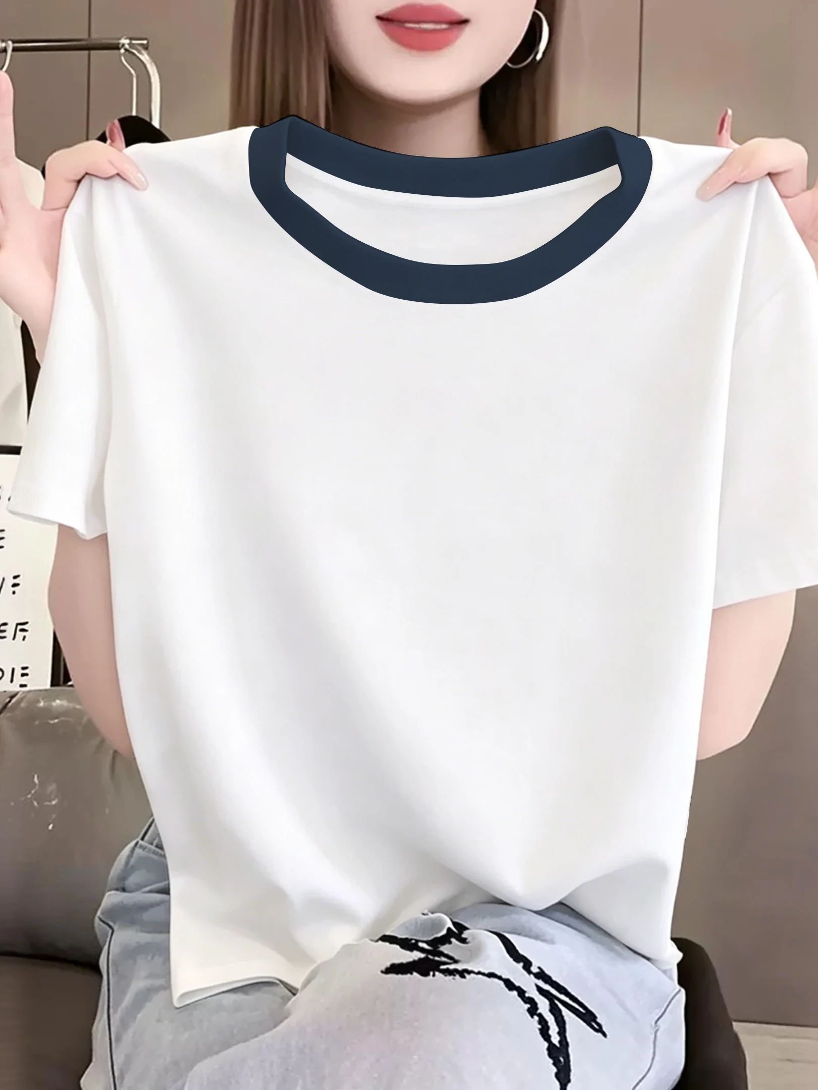 Loose Fit Pure Cotton Grey T-Shirt Women's Commute Fashion round Neck Short Sleeve Casual Style Color Block Top for Ladies