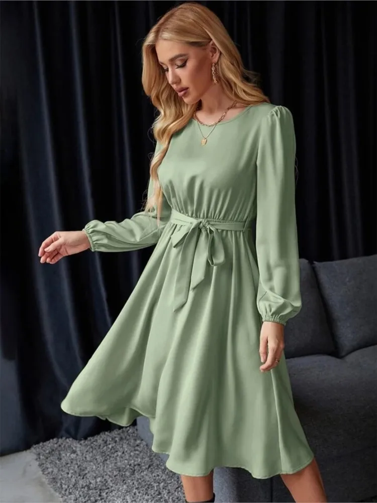 Spring Autumn Women's New Fashion Lantern Sleeve Keyhole Back Hollow Lace Satin Casual Long Sleeve Dress