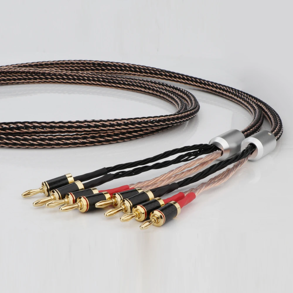 Hifi 7N OCC Silver-Plated BiWire Speaker Extension Cable Hifi Loudspeaker 2 Bananas to 4 Speaker Interconnect Terminal Connector