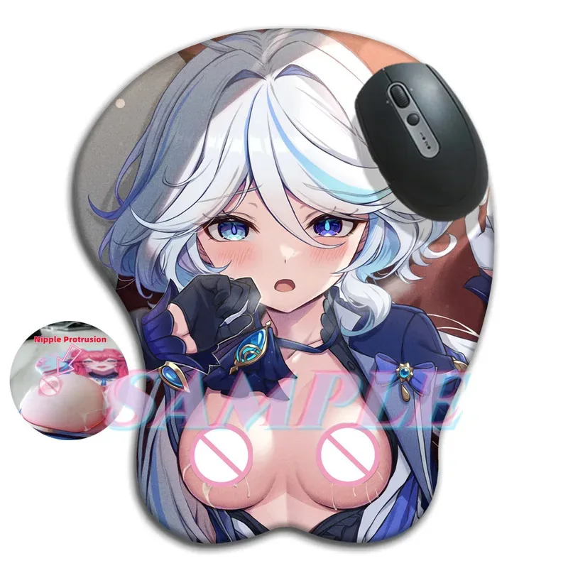 Genshin Impact Loli Furina Подвязка на грудь Коврик для мыши с 3D сосками Аниме Грудь Хентай Сексуальный коврик для мыши с подставкой для запястий Kawaii Mat